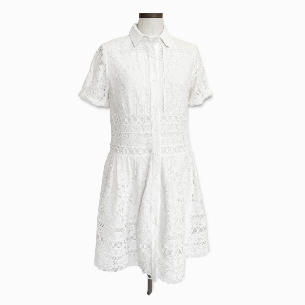 Weill White Eyelet Lace Summer A-Line Button Down Short Sleeve Shirtdress Sz 10